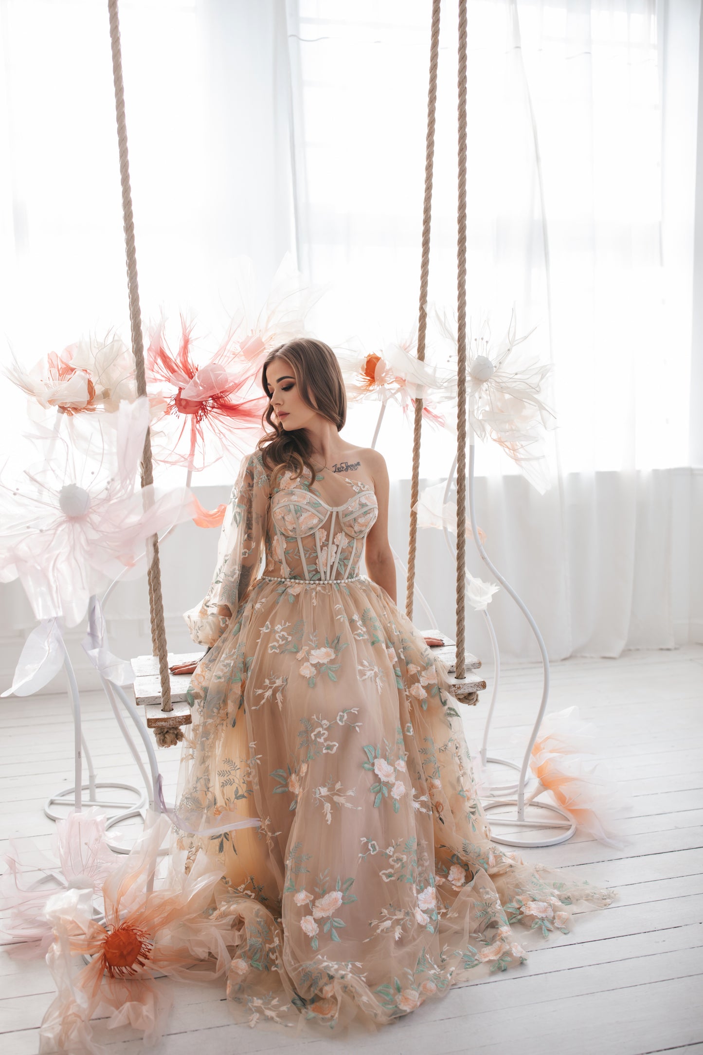 Floral Tulle Gown With One Sleeve