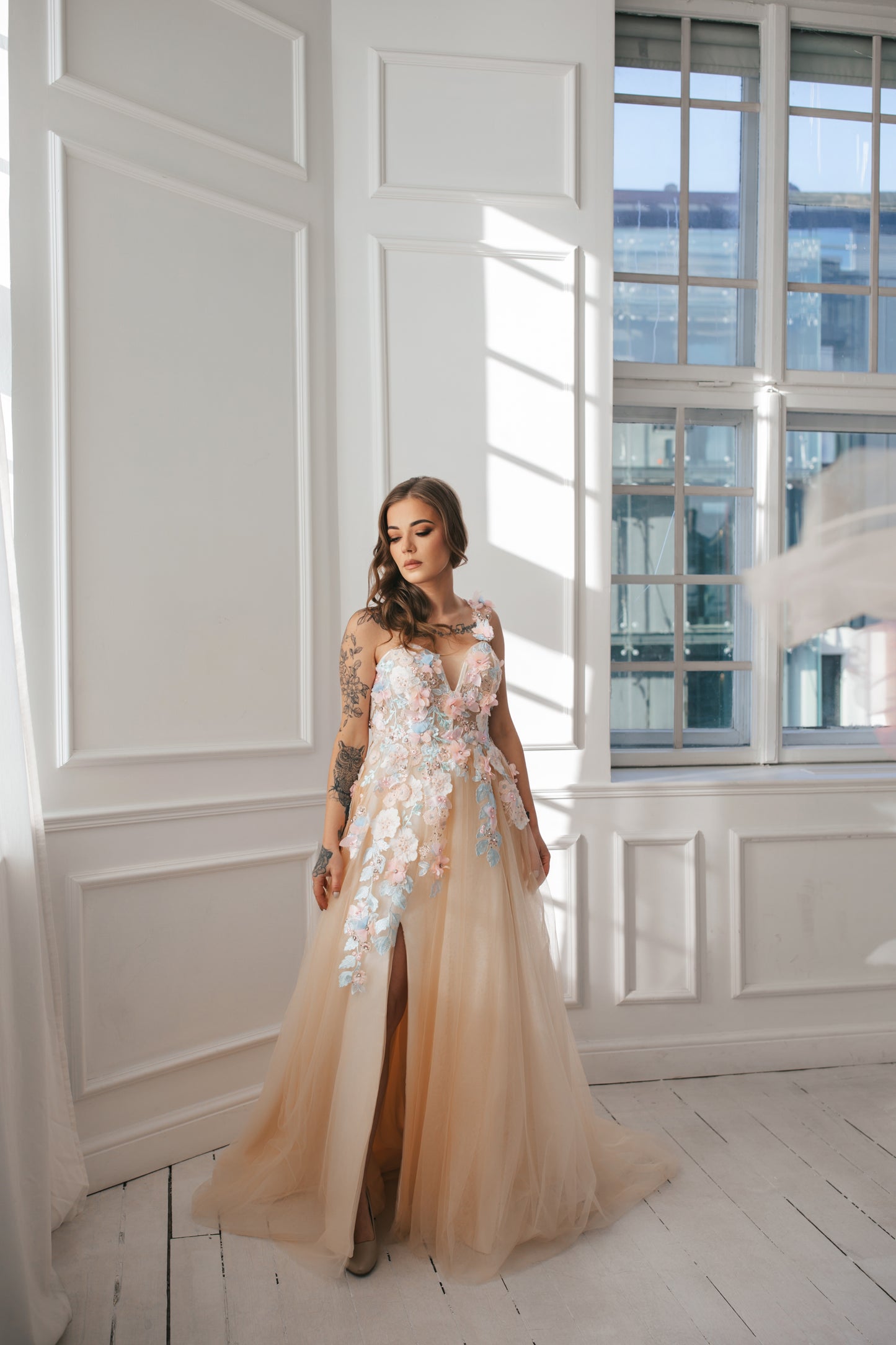 Champagne Gown With Colourful Flowers