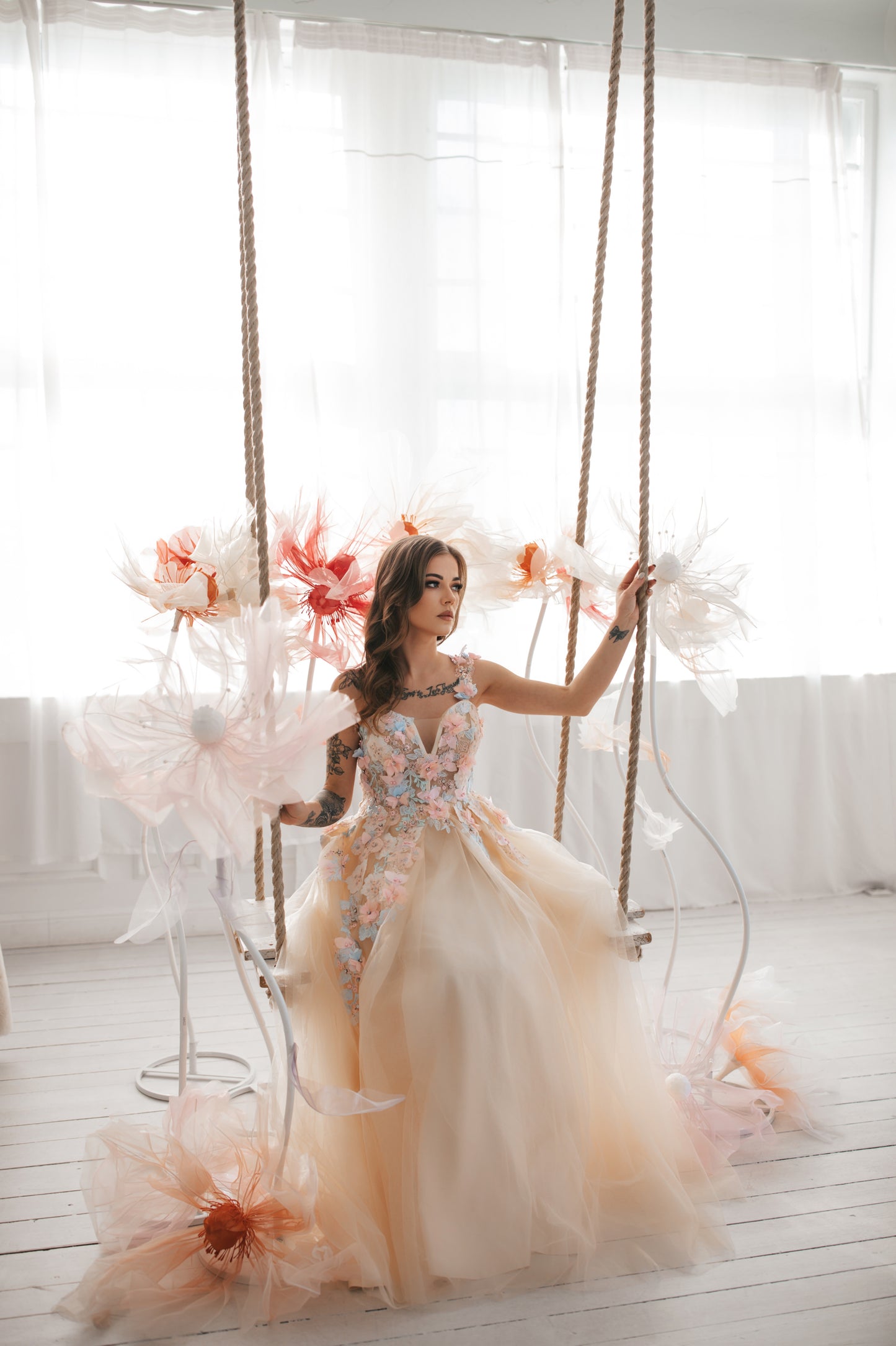 Champagne Gown With Colourful Flowers