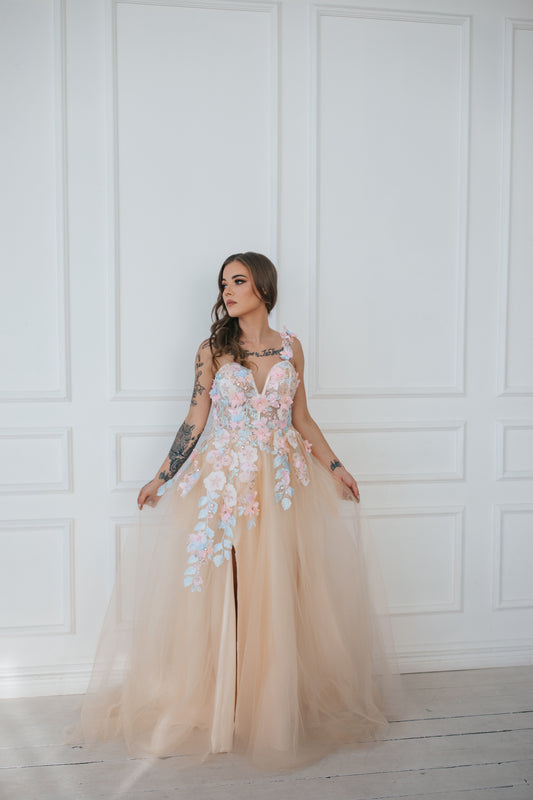 Champagne Gown With Colourful Flowers