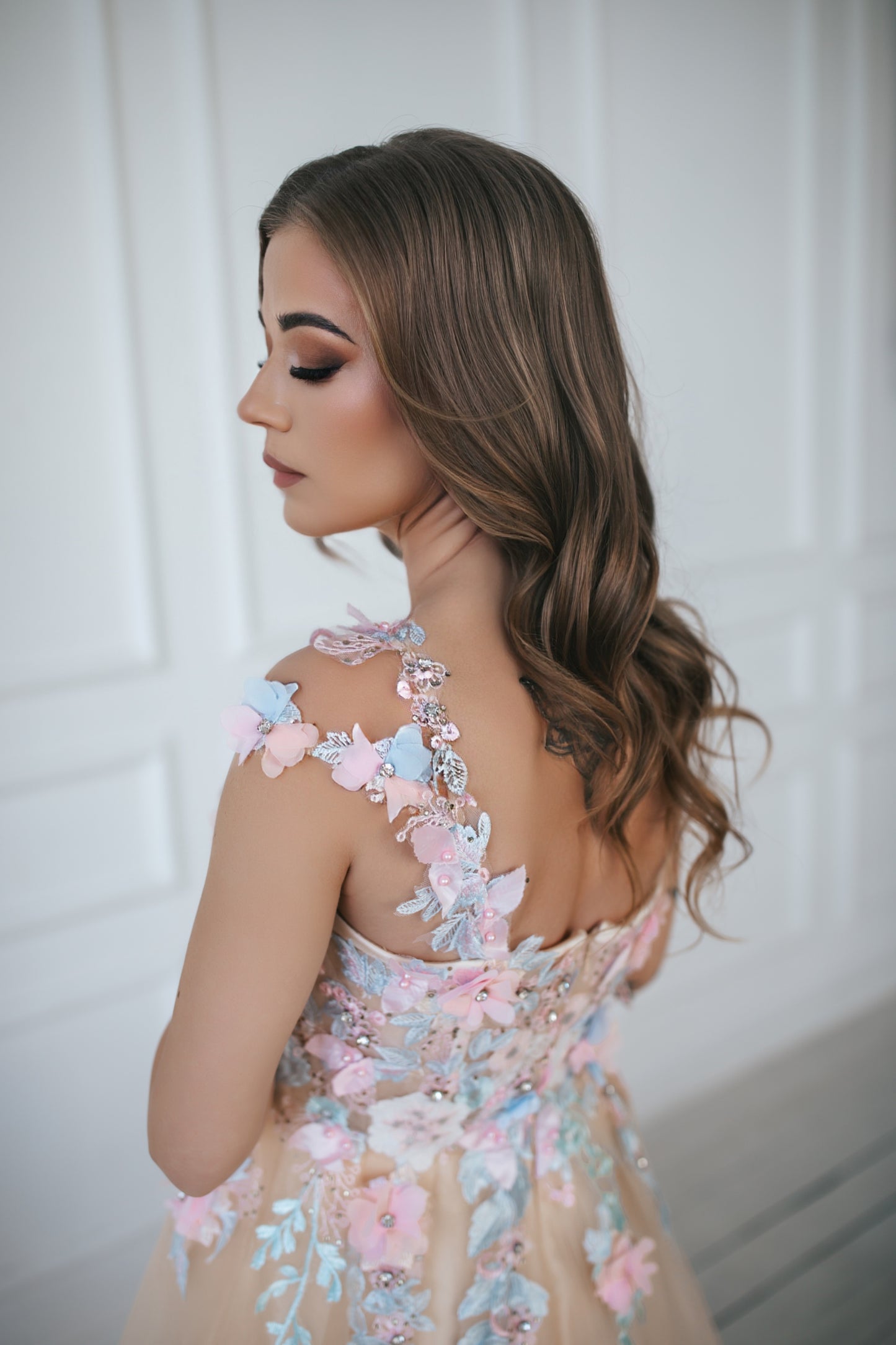 Champagne Gown With Colourful Flowers