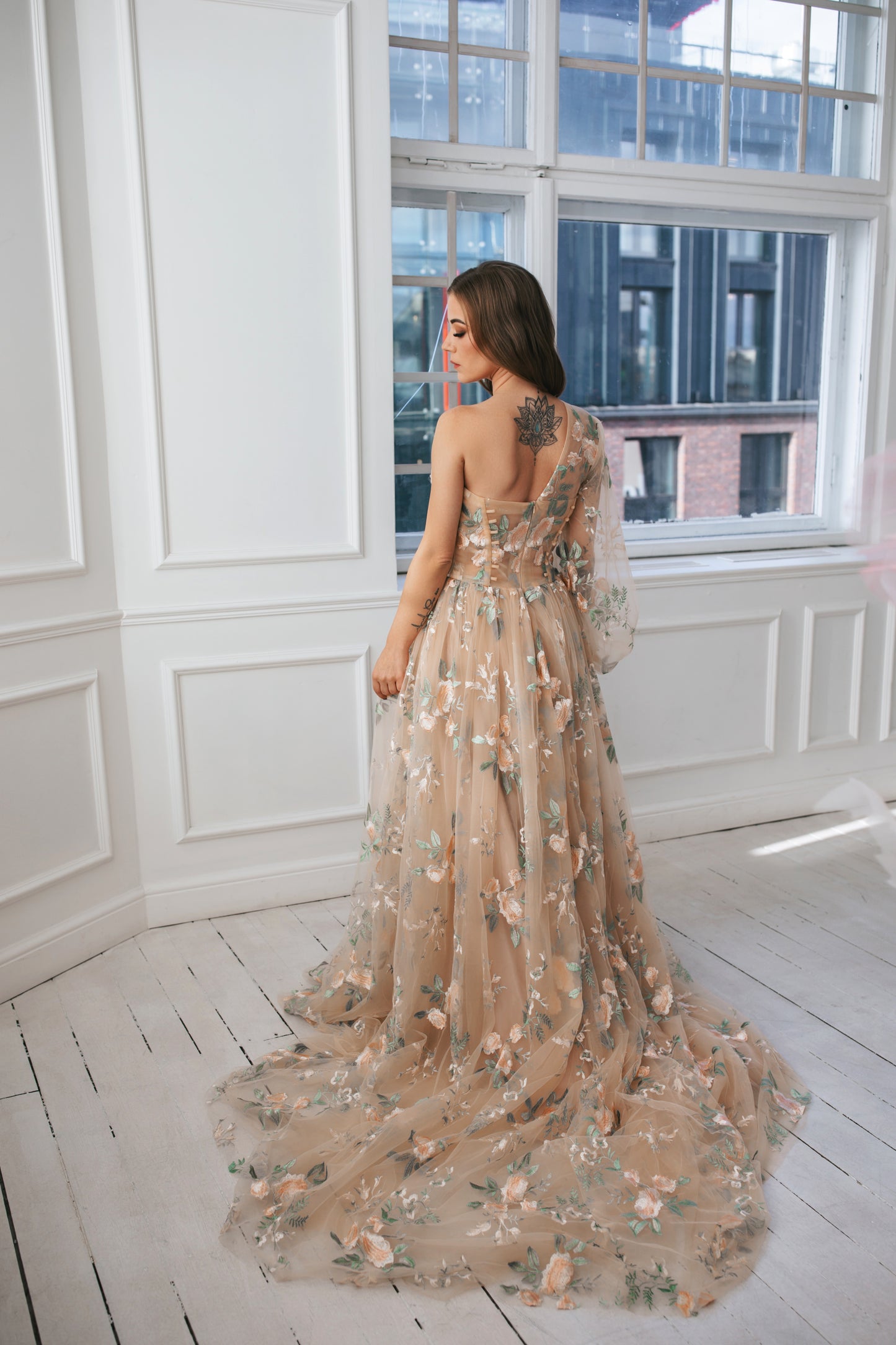 Floral Tulle Gown With One Sleeve