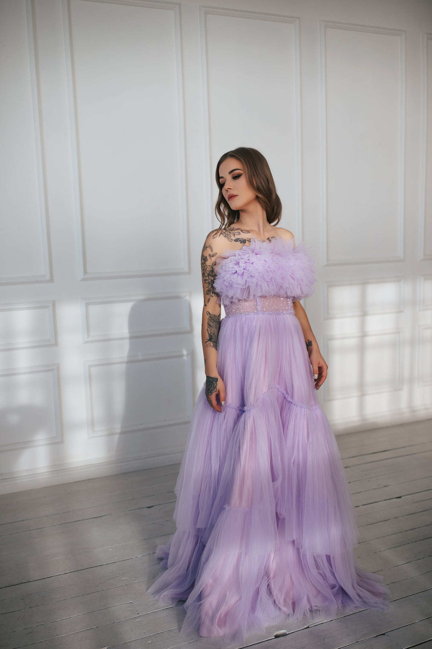 Ruffled Lavender Tulle Gown